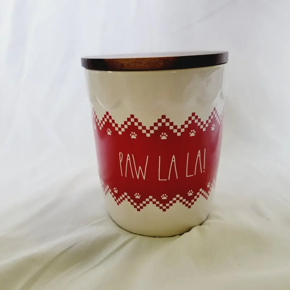 Rae Dunn Paw La La Red White Holiday Pet Treat Jar Cookie Jar Ceramic Canister